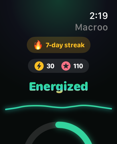 Macroo on Apple Watch showing a 7-day streak, coins and today's energy